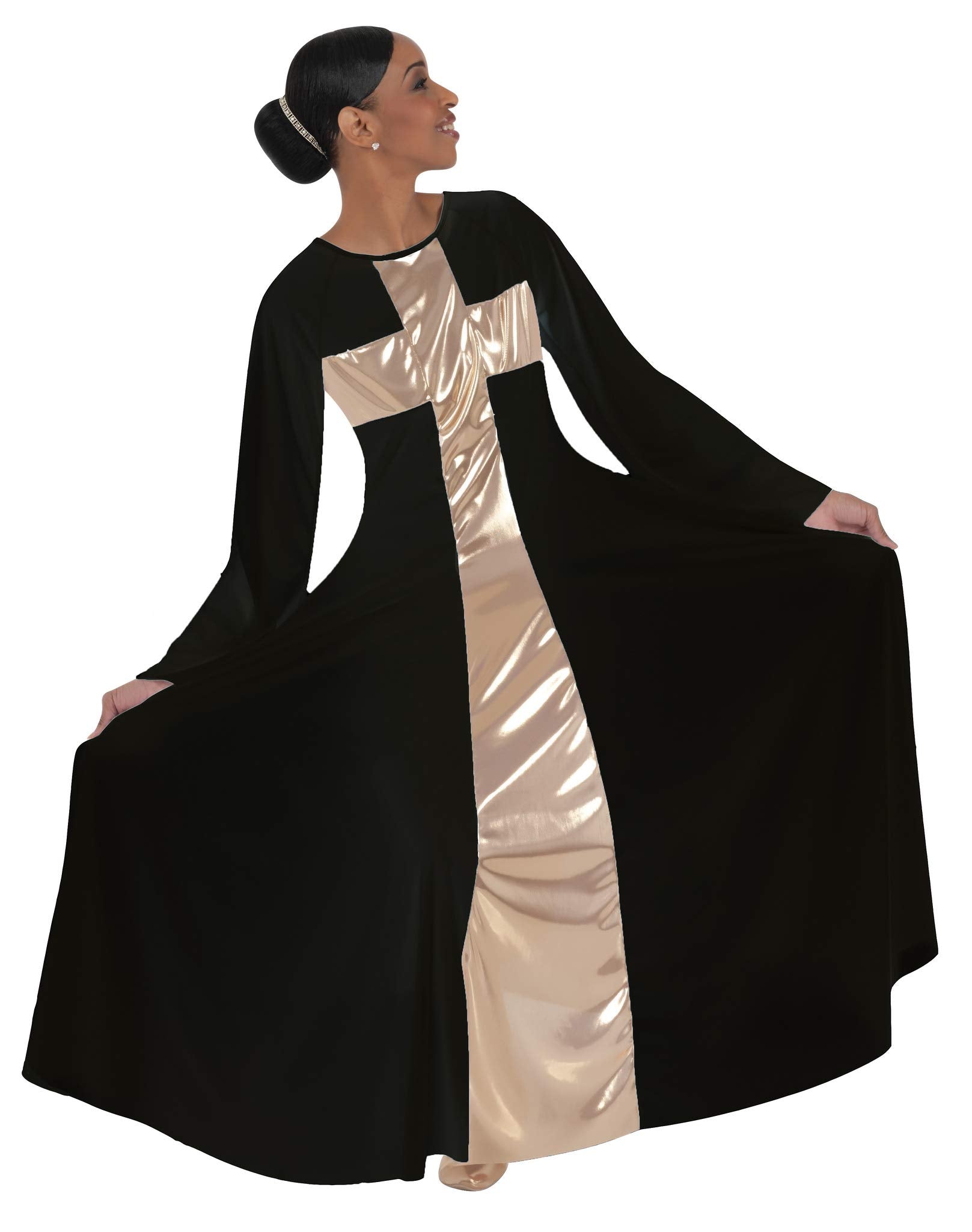 Body Wrappers Women's Praise Cross Long Worship Dress (BLACK W/GOLD, MEDIUM) - 620