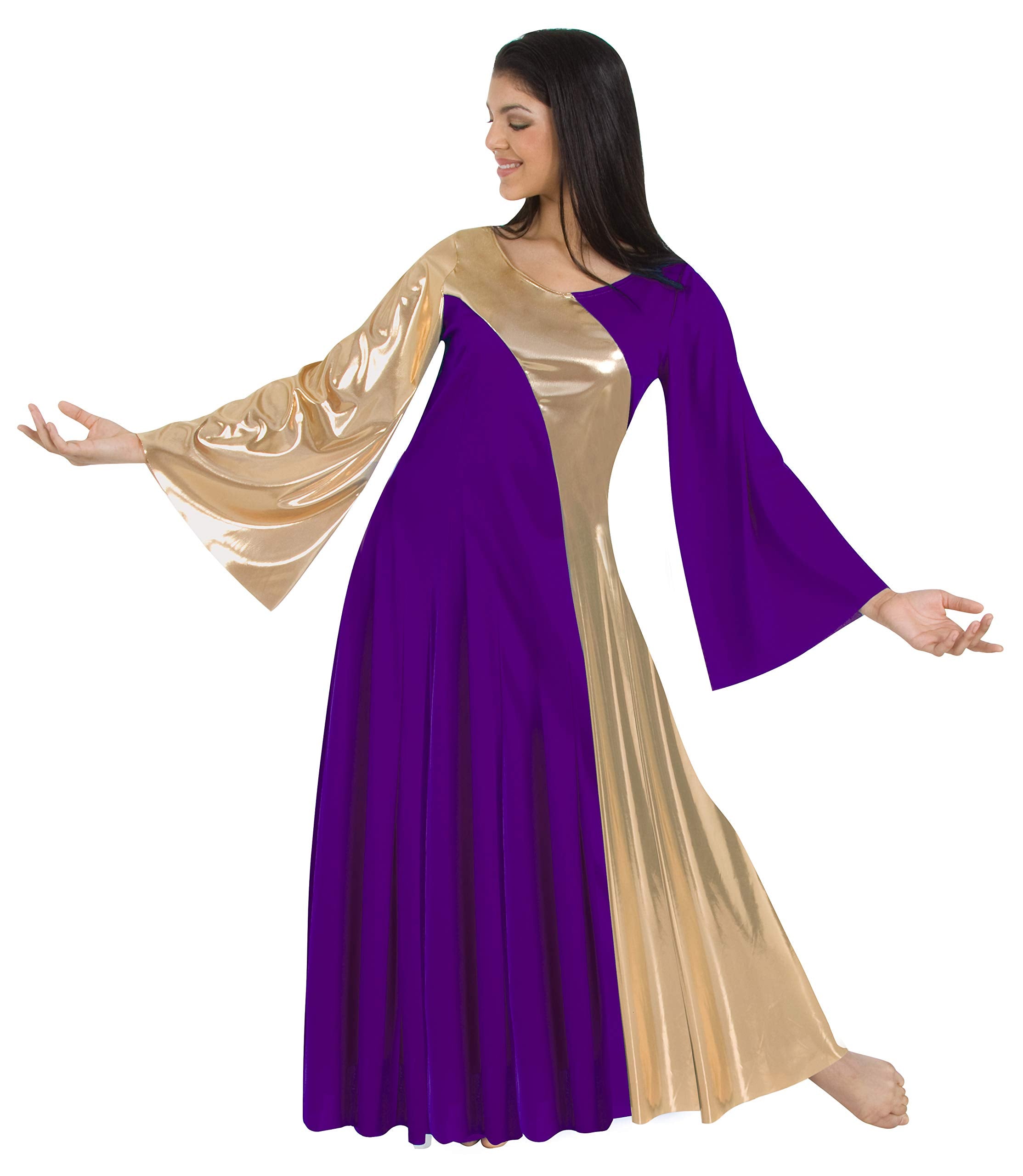 Body Wrappers 592 / 592XX Womens Praise Dance Metallic Asymmetrical Bell Seeve Dress (Small, Deep Purple w/Gold)