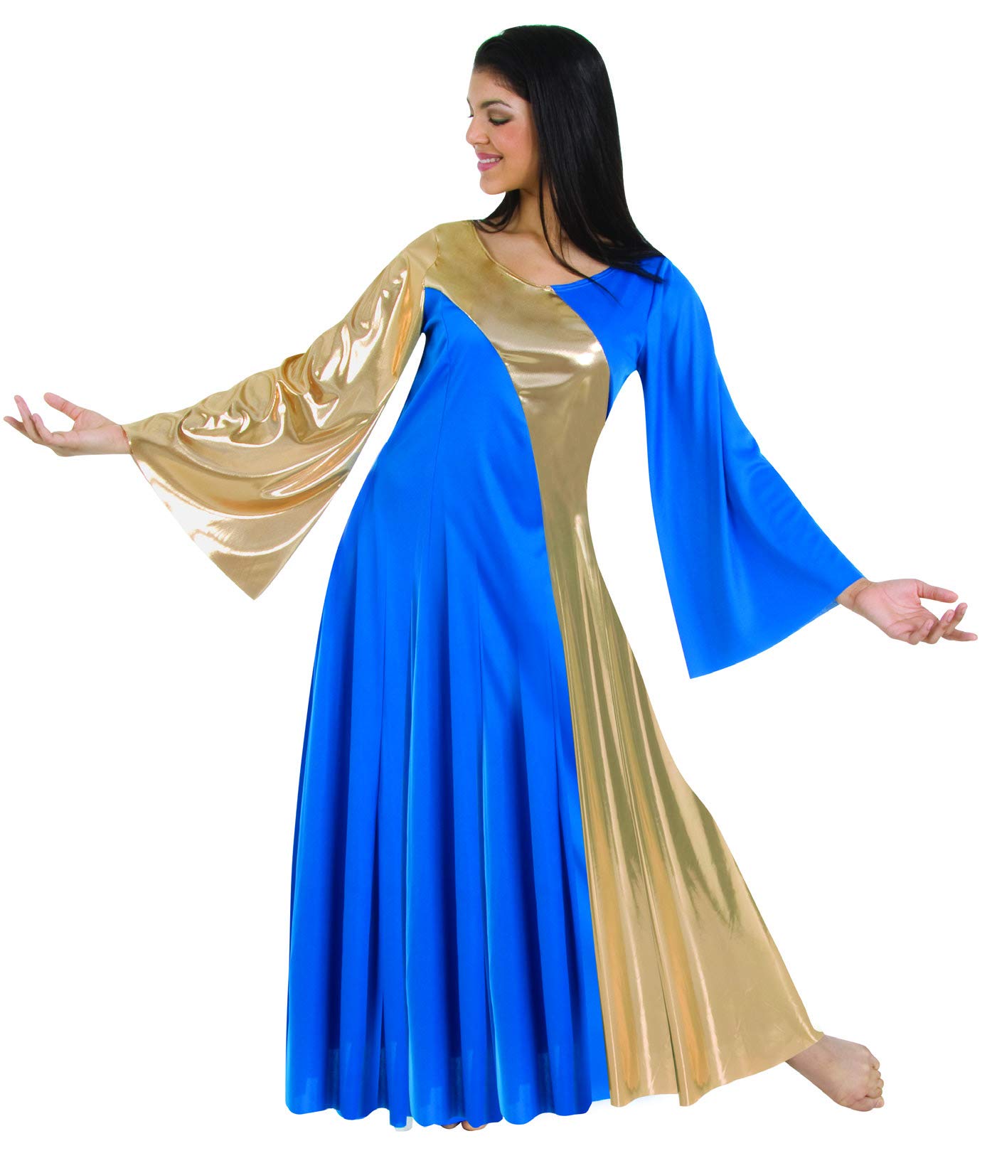 Body Wrappers 592 / 592XX Womens Praise Dance Metallic Asymmetrical Bell Seeve Dress